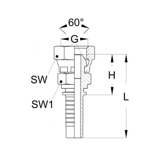 technische Zeichnung einer geraden Pressnippel mit Sechskant Überwurfmutter