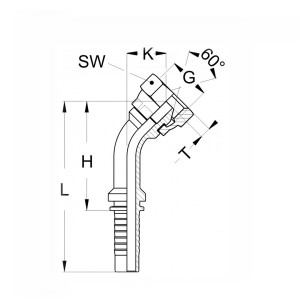 DKR Pressnippel Technische Zeichnung mit den Abmaßen L H SW K G 60° und T