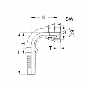 Technische Zeichnung im 90 Grad Winkel eines Pressnippels mit den Abmaßen L H K SW G und T mit einem 60° Konus
