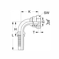 Technische Zeichnung im 90 Grad Winkel eines Pressnippels mit den Abmaßen L H K SW G und T mit einem 60° Konus