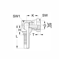 DKR Pressnippel als Technischezeichnung im 90 grad Winkel mit den Abmaßen L H SW1 K SW G und T und 60° Konus