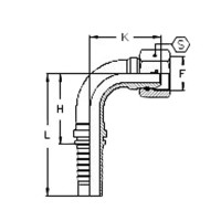 Technische Zeichnung eines 90 grad Pressnippels mit den Abmaßen L H K F und S