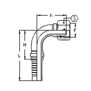 Technische Zeichnung eines 90 grad Pressnippels mit den Abmaßen L H K F und S