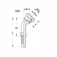 Technischezeichnung eines Pressnippels im 45 grad Winkel mit dem Abmaß L H SW K G 60 grad Konus und T