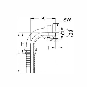 Technischezeichnung Pressnippel im 90 grad Winkel mit den Abmaßen L H K SW G T und 60° Konus