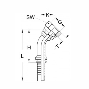 Technische Zeichnung 45 grad Pressnippel mit den Abmaßen L H SW K G und T ohne Konus weil es flachdichtend ist