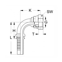Technischezeichnung eines 90 grad Pressnippels ohne Konus mit den Abmaßen L H K SW G und T