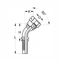 Technischezeichnung eines 45 grad Pressnippels DKJ JIS mit den Abmaßen L H K G und 60° Konus