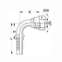 Technischezeichnung im 90 grad Winkel mit den Abmaßen L H K SW g und 60° Konus